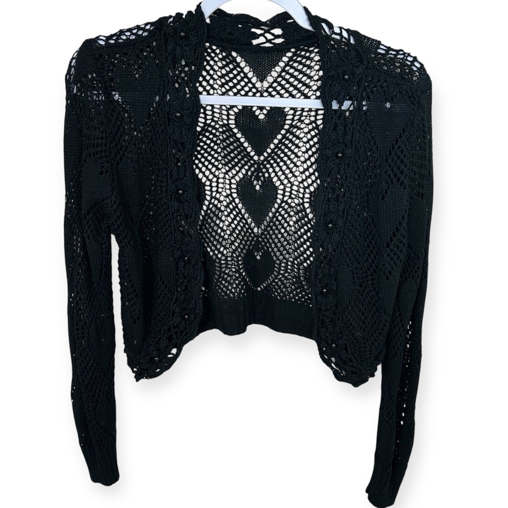 Vintage Heart Knit Open Beaded Black Crochet Women's Sweater